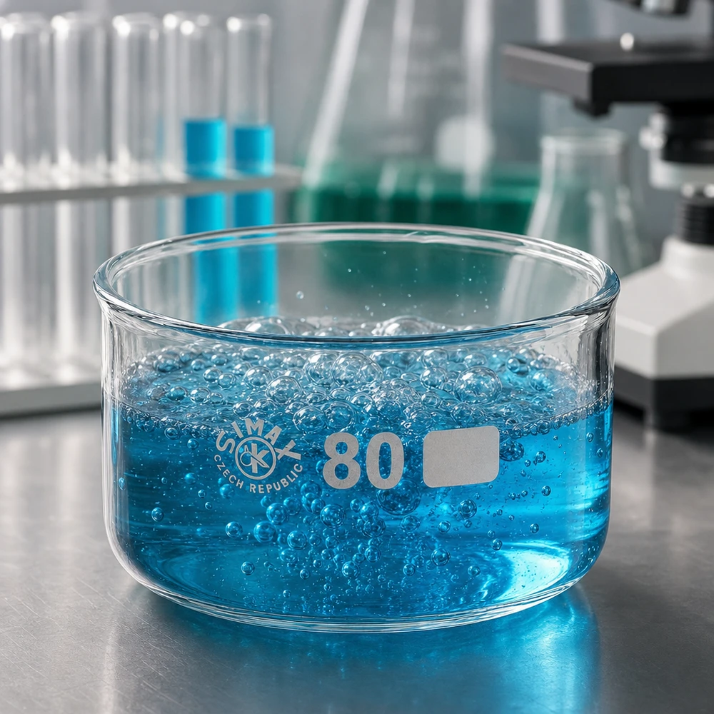 Líquido azul con burbujas en una cubeta de cristalización SIMAX de 80 mm, de vidrio borosilicato, 150 ml, de laboratorio