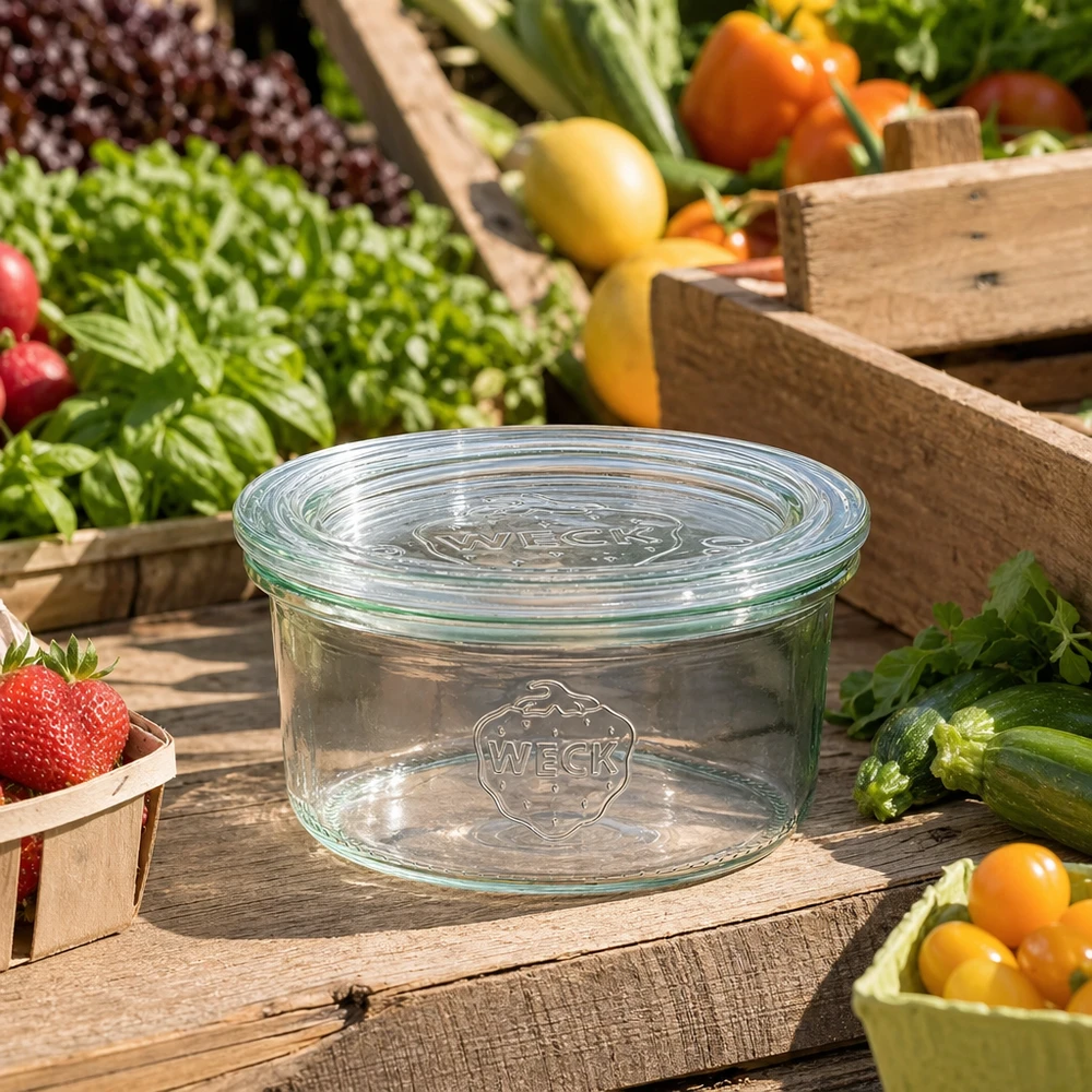 WECK 165ml RR80 tarro de albañil vacío con tapa de cristal entre frutas y verduras frescas sobre una mesa de madera rústica