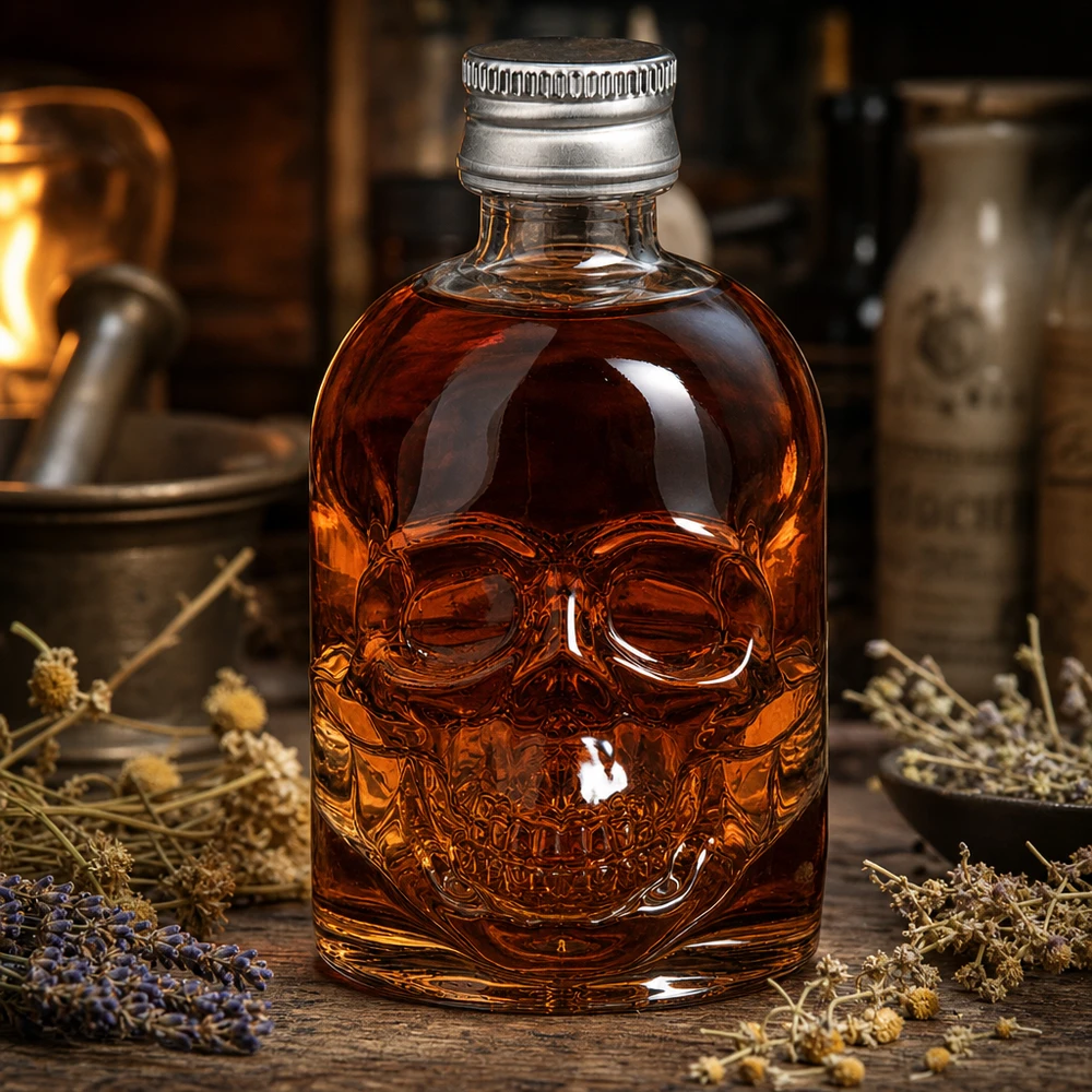 Botella de cristal Hector de 50 ml con líquido de color ámbar entre hierbas y especias en un ambiente boticario
