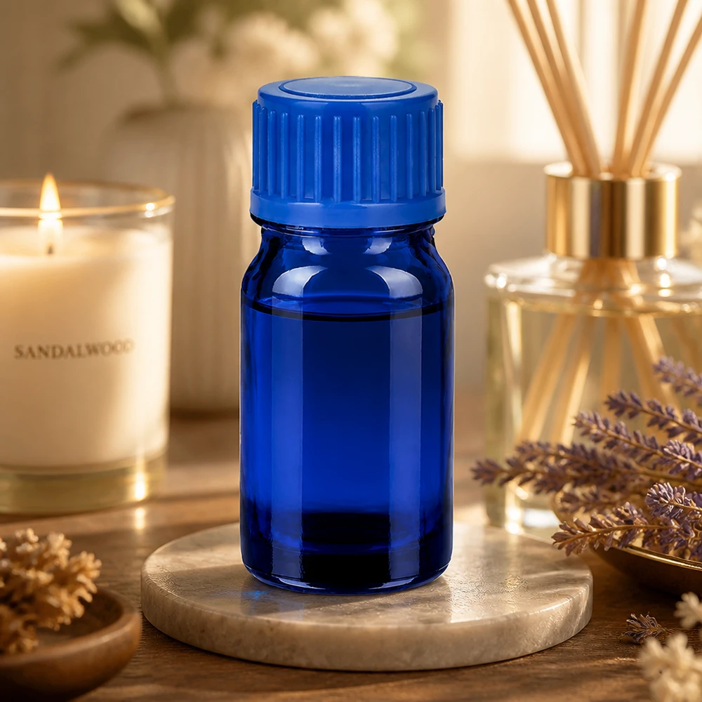 Frasco compacto de 5 ml en elegante azul para una dosificación precisa de aceites y extractos
