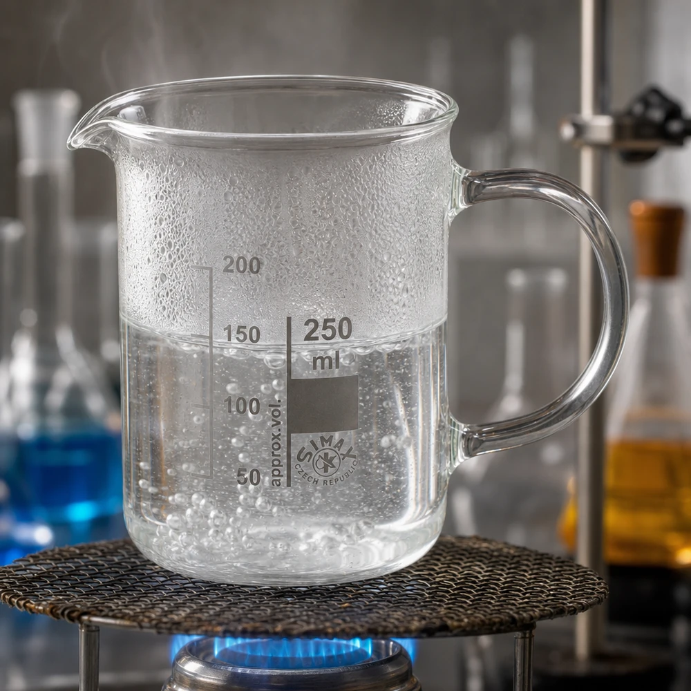 Vaso de precipitados de 250 ml con asa, calentado con un mechero Bunsen y con agua hirviendo en el laboratorio
