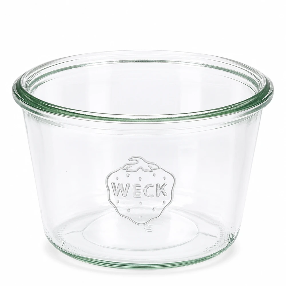 Tarro giratorio de 370ml WECK RR100 Vasos WECK 370ml RR100 transparentes con borde verde y logotipo WECK en relieve para conservas y enlatados