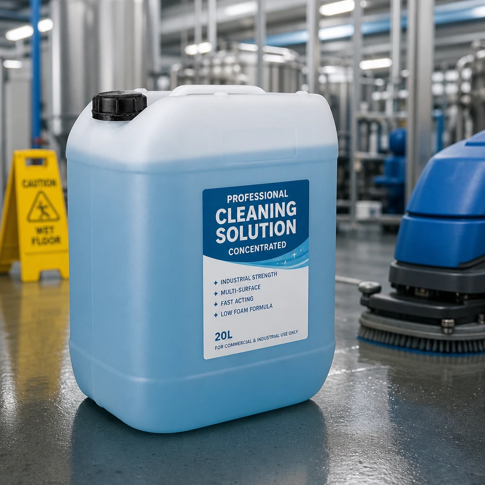 Bidón industrial azul de 20 litros con tapón de rosca para productos de limpieza profesionales