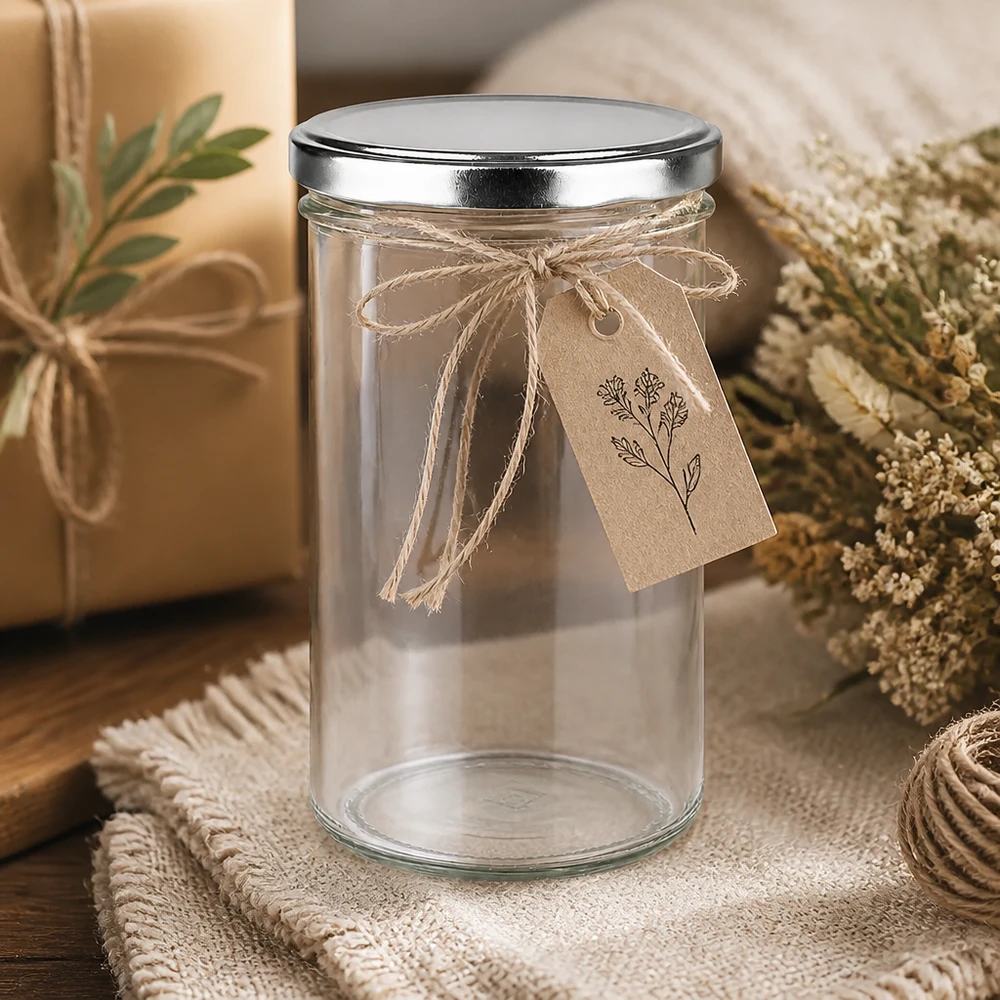 Vasos de 277 ml con tapa BasicSeal plateada decorados con etiqueta de regalo y materiales naturales