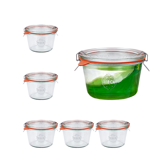 Juego de 6 vasos Weck de 370ml con 6 tapas de cristal Juego de 6 vasos Weck de 370ml con 6 tapas de cristal