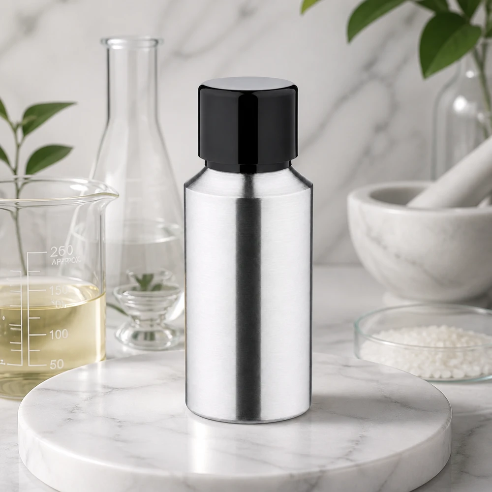 Botella de aluminio pulido de 30 ml con tapón de rosca Frasco de aluminio pulido de 30 ml con acabado mate y tapón negro para laboratorio
