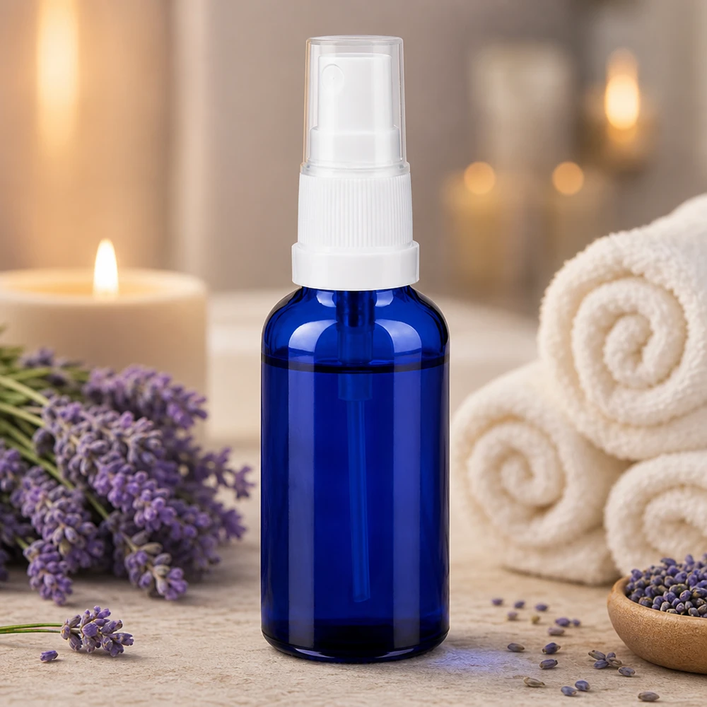 Pequeño frasco pulverizador de 30 ml de color azul transparente ideal para viajar y llevar de viaje