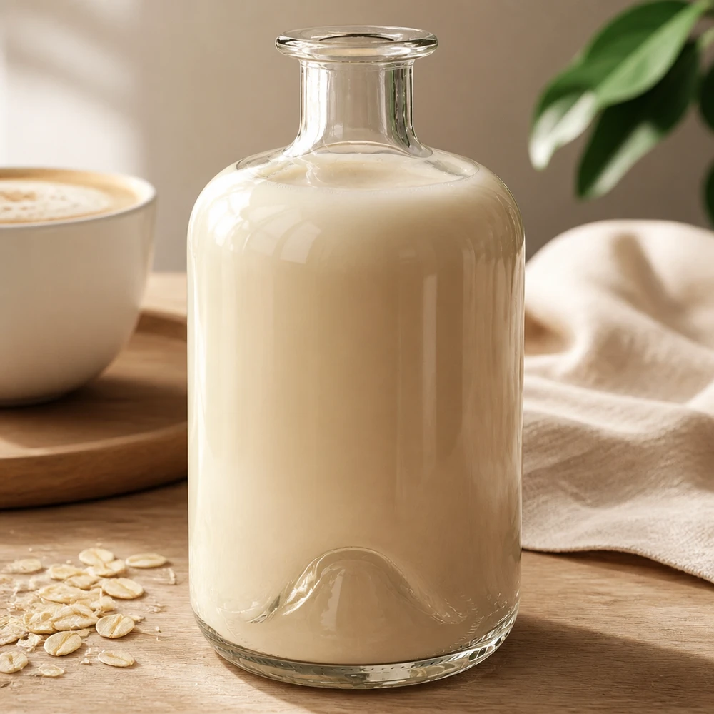Botella de farmacéutico de Luna 500ml llena de cremosa leche de avena junto a taza de café y copos de avena sobre mesa de madera.
