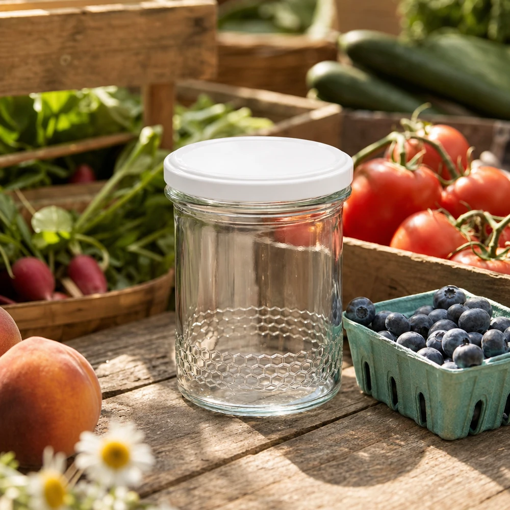 Tarro de miel de 400ml con tapa blanca sobre mesa de madera entre fruta fresca arándanos tomates escena exterior