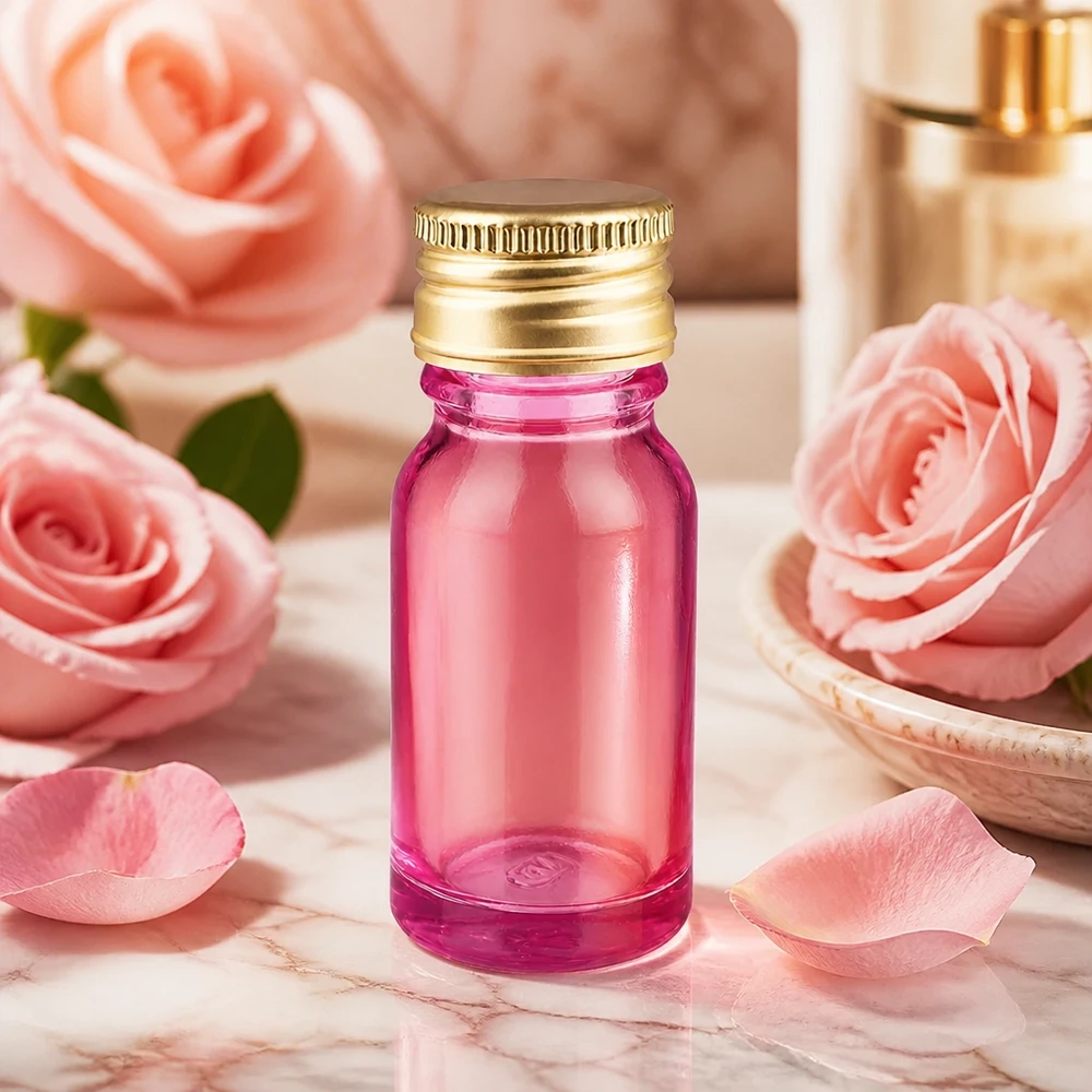 Frasco de vidrio violeta de 10 ml con rosca de 11 mm y tapón de aluminio dorado para aceites de perfume