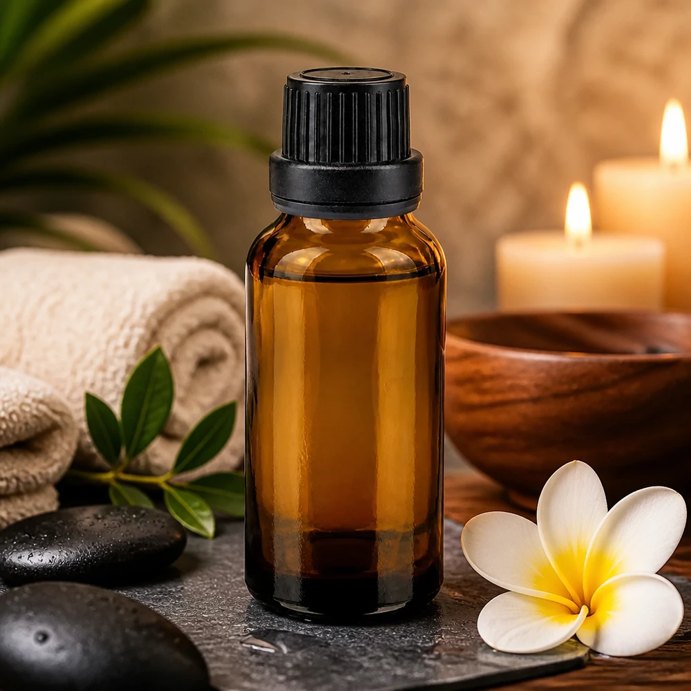 Frasco de vidrio ámbar con protección contra la luz, de 20 ml, con tapón de seguridad negro para aceites delicados