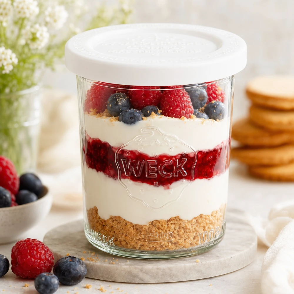 Vasos WECK 160ml RR60 con capas de postre de yogur, bayas y migas de galleta - perfecto como tarro de postre