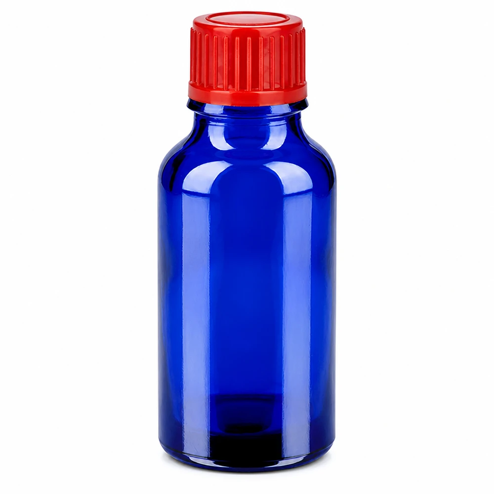 Frasco de vidrio azul de 20 ml con tapón de rosca rojo para medicamentos y cosméticos