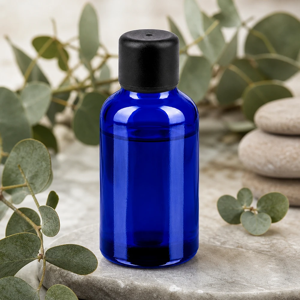 Frasco de vidrio azul de 30 ml con tapón negro para aceites esenciales y cosméticos