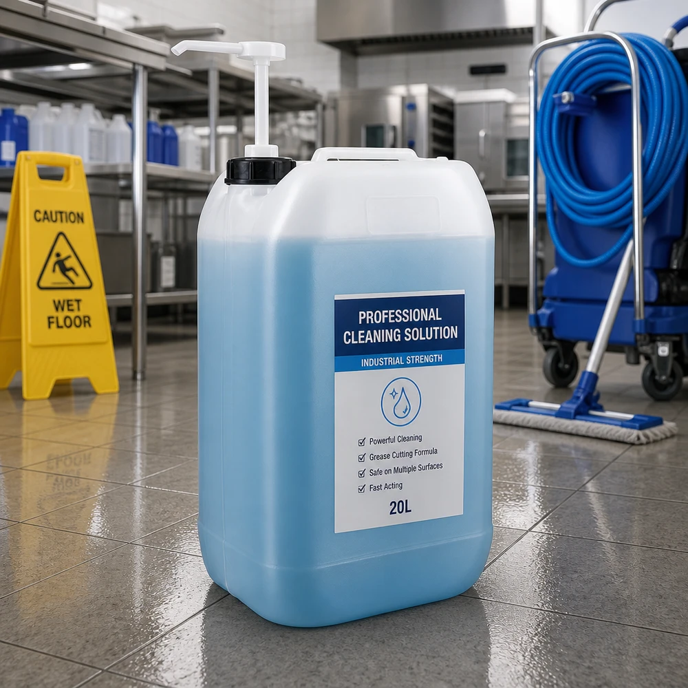 Bidón azul de 15 litros con bomba dosificadora en una cocina industrial, junto a una señal de advertencia y una fregona