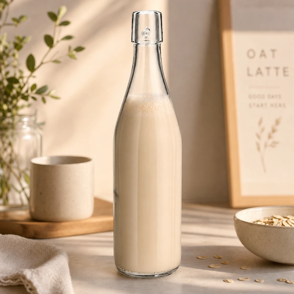 Botella de vidrio de 500 ml sin tapón giratorio UNiTWIST Botella de cristal UNiTWIST de 500 ml llena de leche de avena en una cocina natural con copos de avena como escenario de un estilo de vida saludable