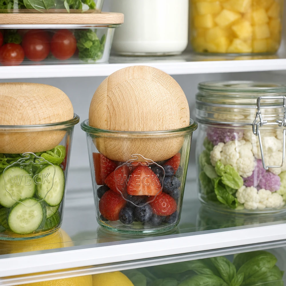 WECK Sturzglas RR100 580ml mit Buchenholzkugel zur Frischehaltung von Beeren und Gemüse im Kühlschrank
