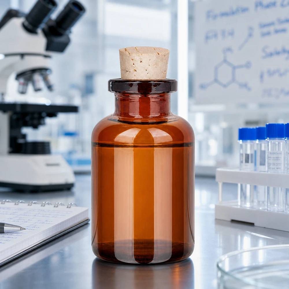 Botella de vidrio ámbar, 20ml, con corcho 11/14mm Massivwandige Braunglasflasche 20ml mit luftdichtem Korkverschluss 11/14mm für Chemikalien