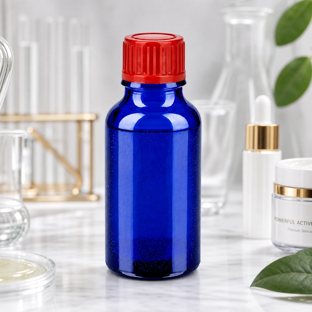 Frasco compacto de vidrio de 20 ml en azul brillante con práctico tapón rojo para uso doméstico y de laboratorio
