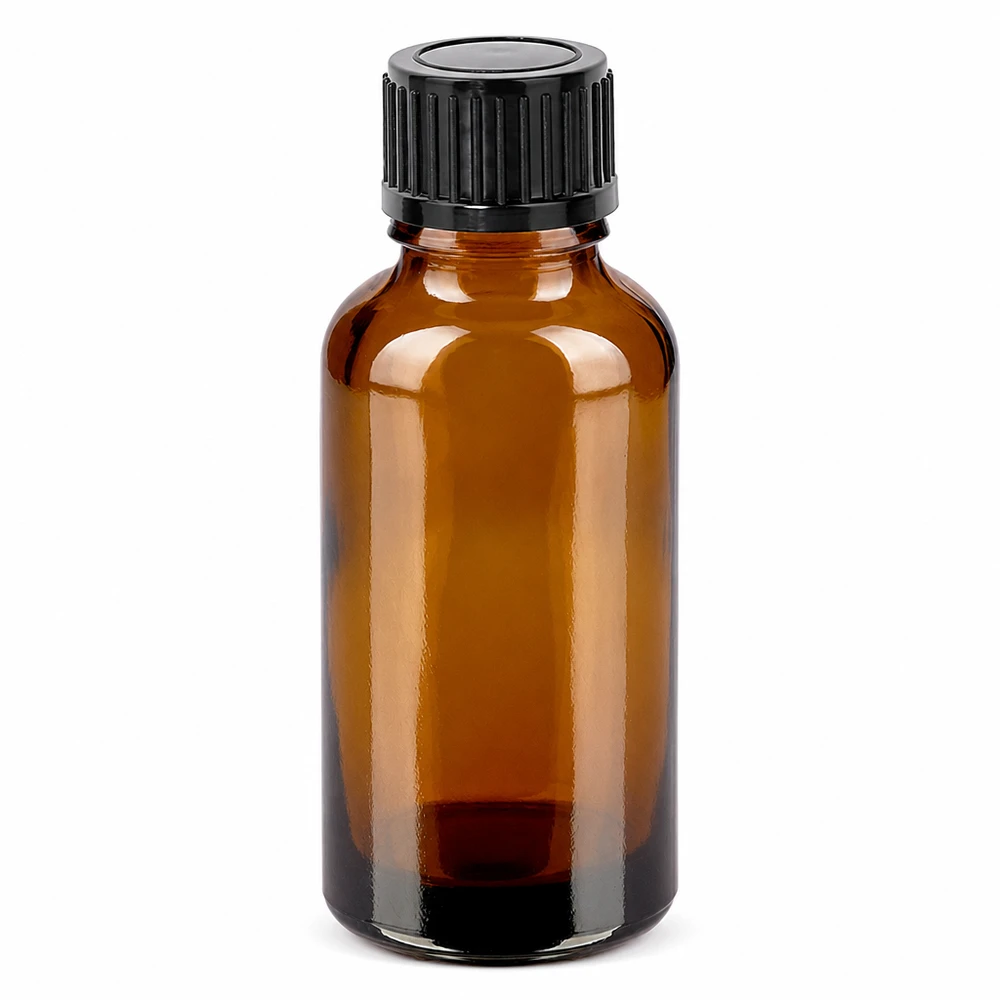 Frasco de vidrio ámbar de 30 ml con tapón de rosca negro para aceites esenciales y cosméticos