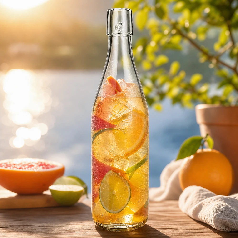 Botella de cristal UNiTWIST de 500 ml llena de té helado y fruta para refrescarse al aire libre en verano con cítricos