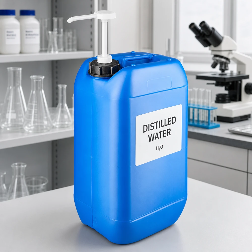 Bidón de laboratorio azul de 15 litros con bomba dosificadora, lleno de agua destilada H₂O