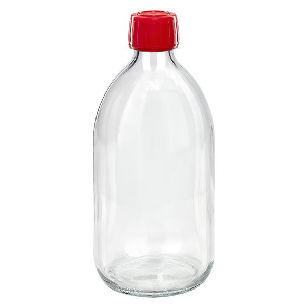 Frasco medicamento 500ml transparente, tapón rojo con precinto de seguridad ApoGlas Frasco medicamento 500ml transparente, tapón rojo con precinto de seguridad ApoGlas