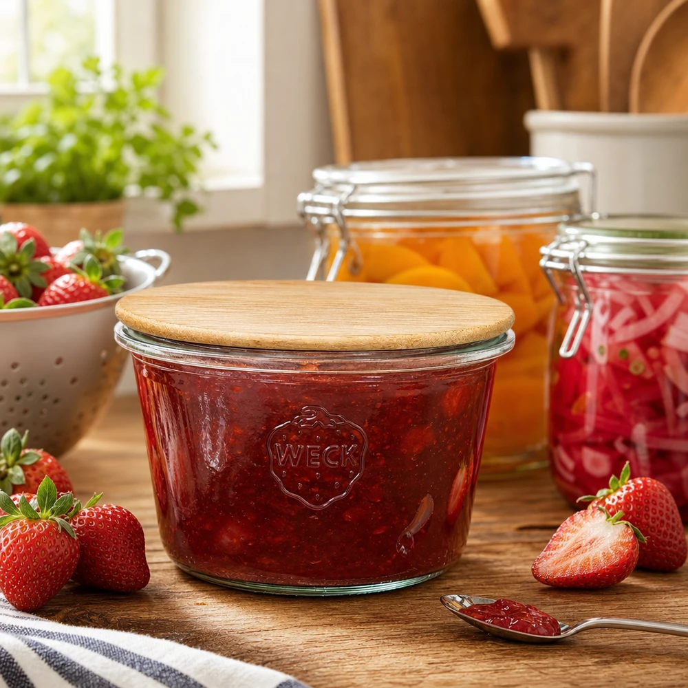 Tarro giratorio WECK RR100 lleno de mermelada de fresa en ambiente de cocina con fresas frescas y tarros de conserva