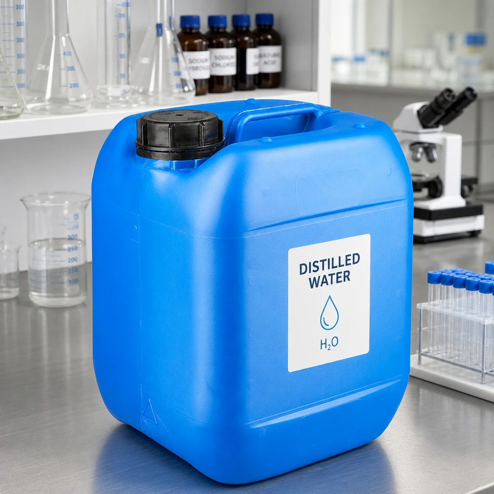 Bidón de laboratorio azul de 5 litros con tapón de rosca OV para agua destilada H₂O