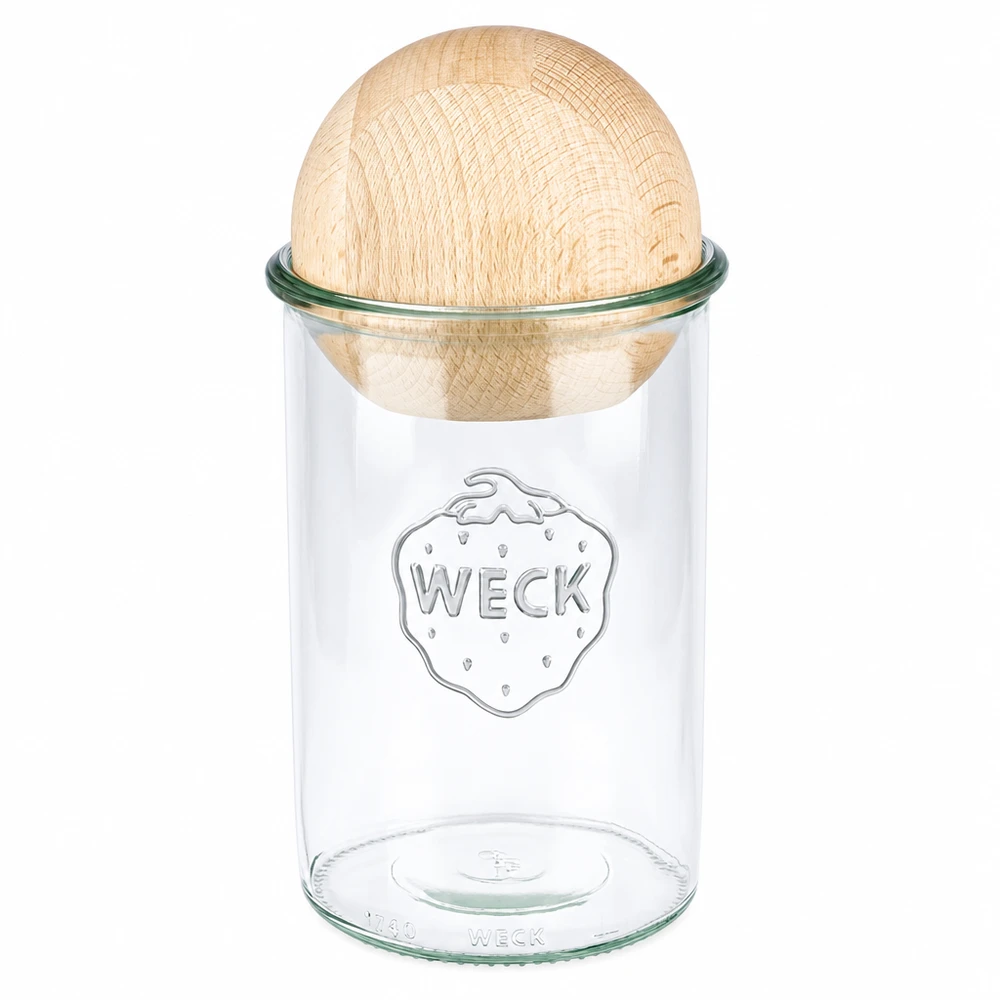 Vasos de 1000ml WECK RR100 con bola de madera de haya Vaso WECK 1000ml RR100 con tapa esférica de madera de haya, tarro para conservas con logotipo sobre fondo blanco