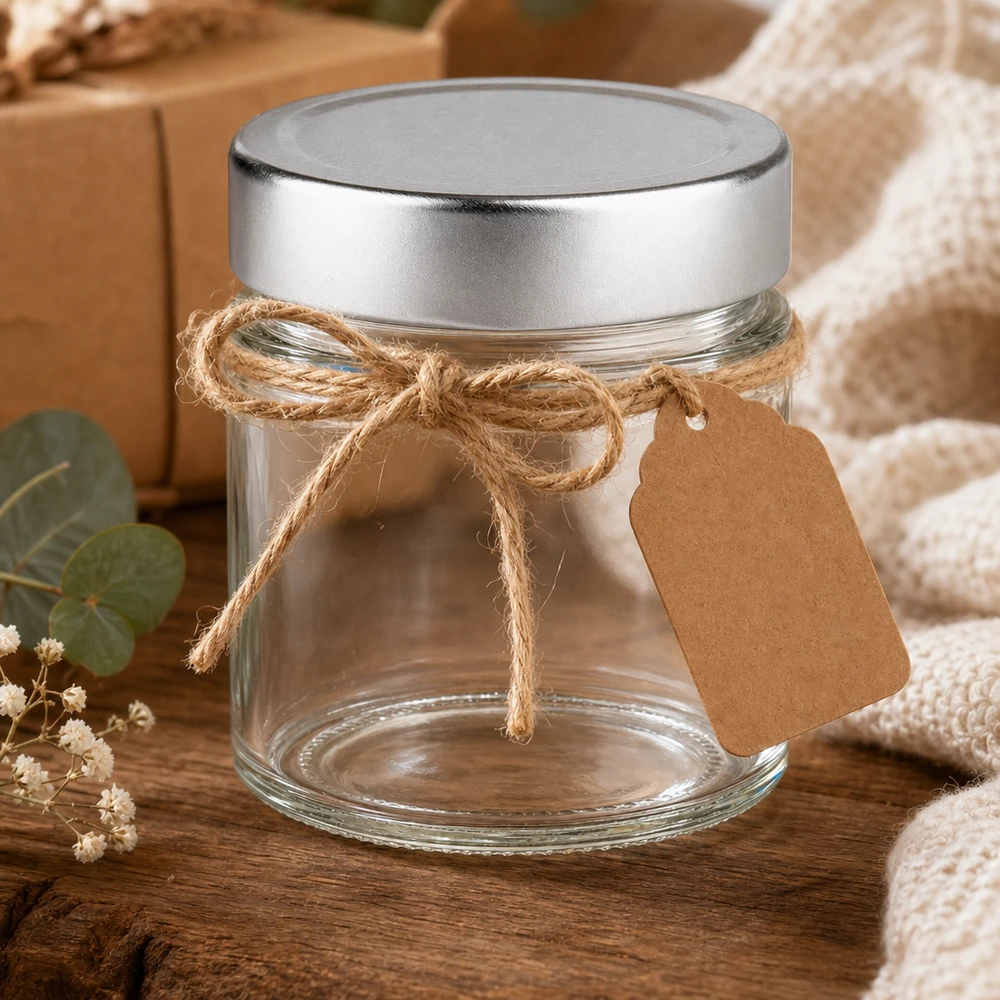 Tarro redondo de 135 ml + tapa BasicSeal plateada profunda UNiTWIST Tarro redondo de 135ml con tapa plateada decorado con cordón de yute y etiqueta de papel kraft embalaje rústico de regalo