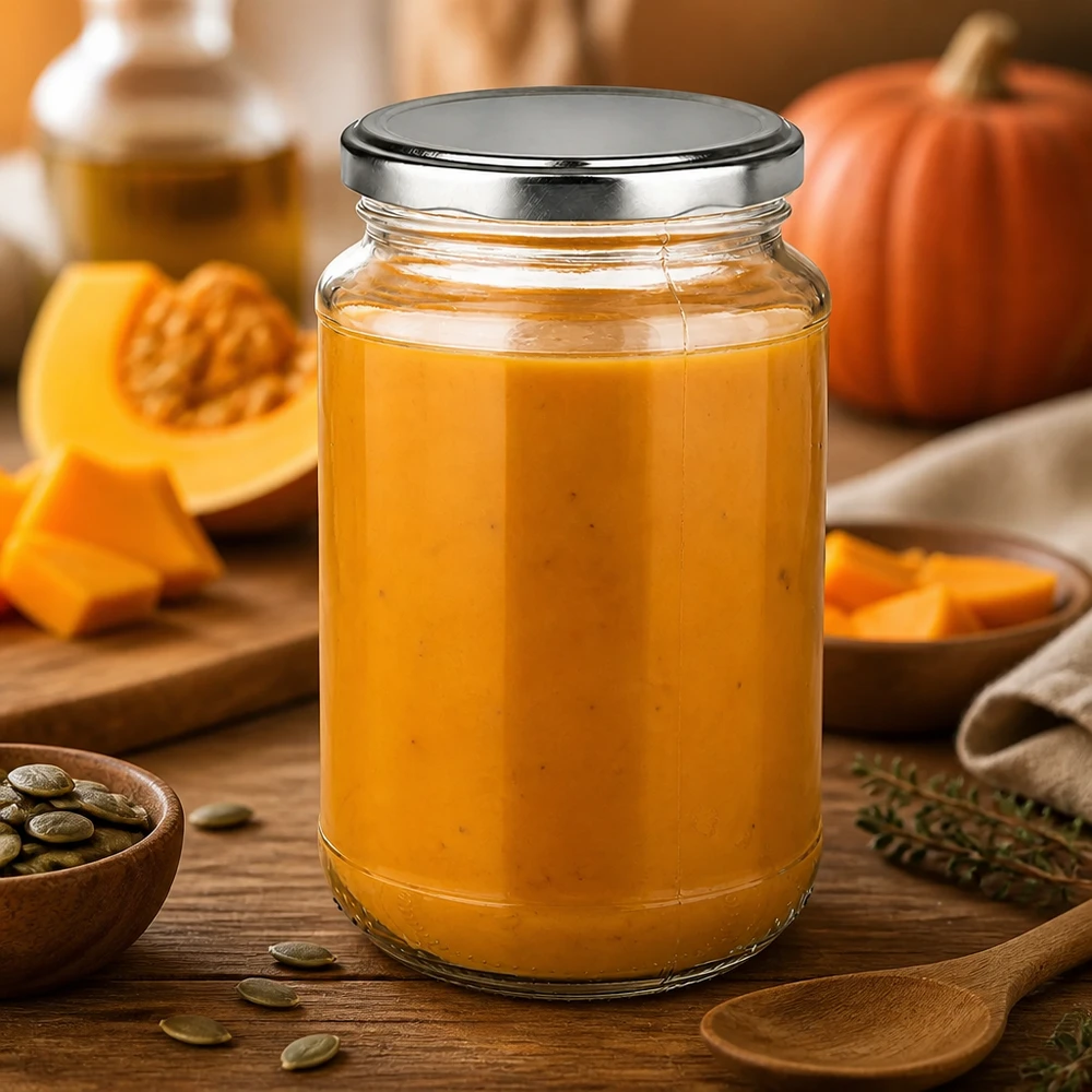 Puré de calabaza casero en un tarro redondo de cristal UniTwist de 320 ml con tapa BasicSeal plateada