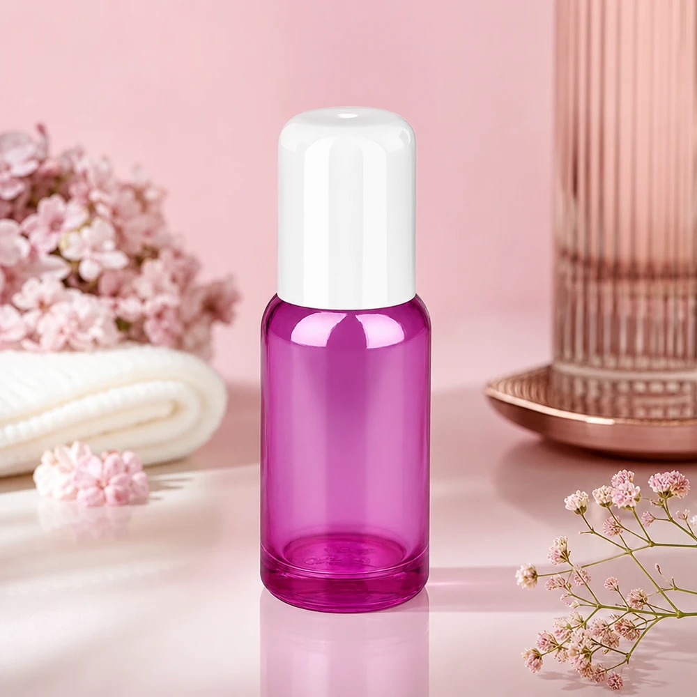 Frasco de vidrio de alta calidad de 20 ml con tapón roll-on de color púrpura transparente para productos cosméticos