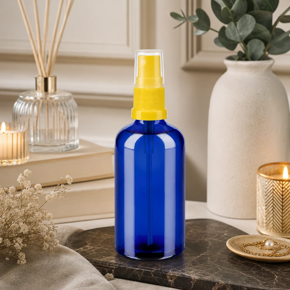 Frasco pulverizador de 100 ml amarillo/transparente con tapón estándar BlueLine UT18/100 Botella de cristal premium de 100 ml con rosca STD y atomizador para aplicaciones profesionales