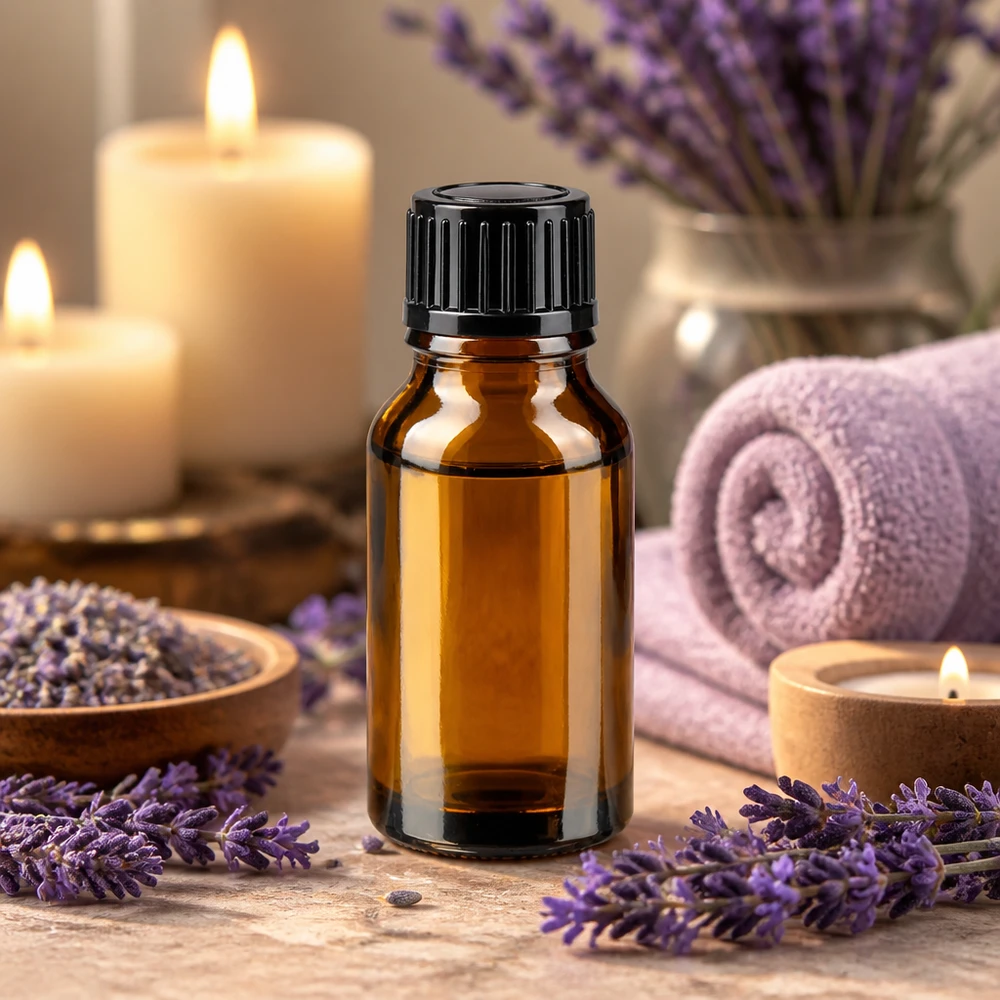 Frasco de farmacia de 15 ml de cristal ámbar con tapón de rosca negro, rodeado de flores de lavanda y velas