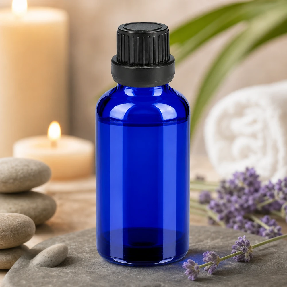 Frasco de vidrio de 30 ml en elegante azul cobalto con tapón negro de seguridad para el bienestar