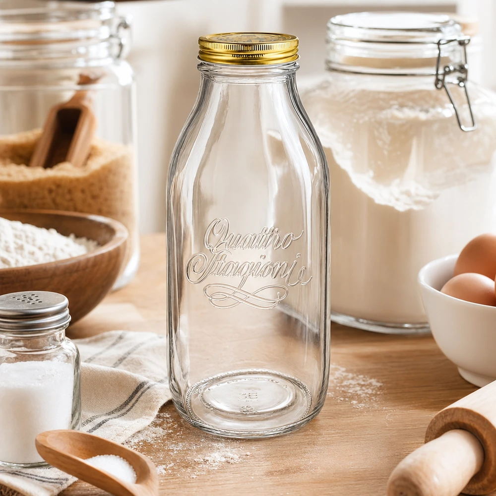 Frasco de cristal de 1000ml "Quattro Stagioni" con tapa Botella de cristal Quattro Stagioni de 1000 ml dispuesta en una cocina rústica con ingredientes de repostería, harina, huevos y utensilios de madera.