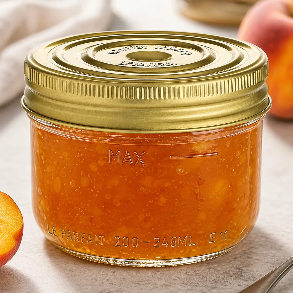 Tarro Familia Wiss de 245 ml con tapa de rosca dorada lleno de mermelada de naranja sobre una mesa de madera