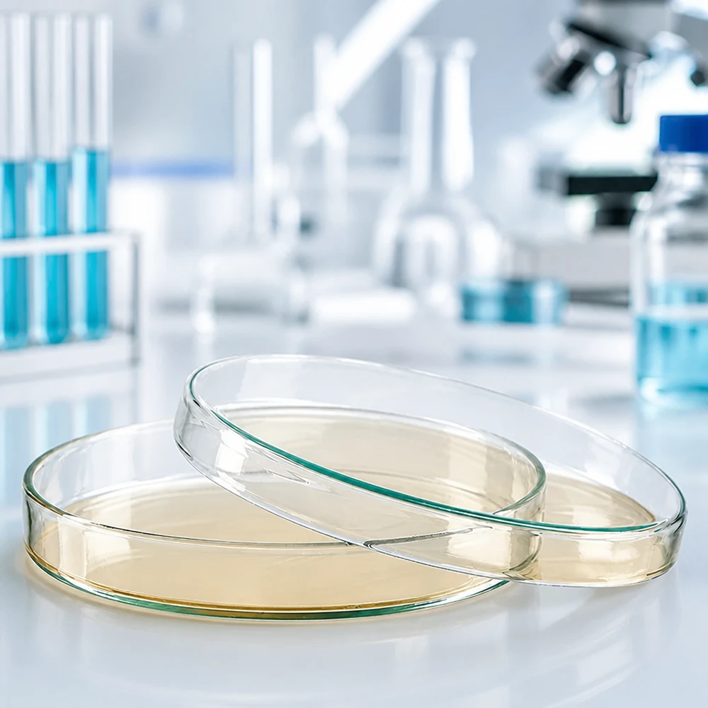Placa de Petri de cristal de 120 x 20 mm llena de agar nutritivo amarillo, sobre una mesa de laboratorio blanca junto a un microscopio