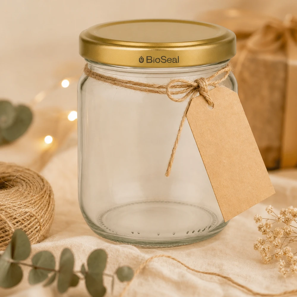 Tarro de miel vacío BioSeal de 500 g con etiqueta de regalo y cordel de yute decorado con flores secas
