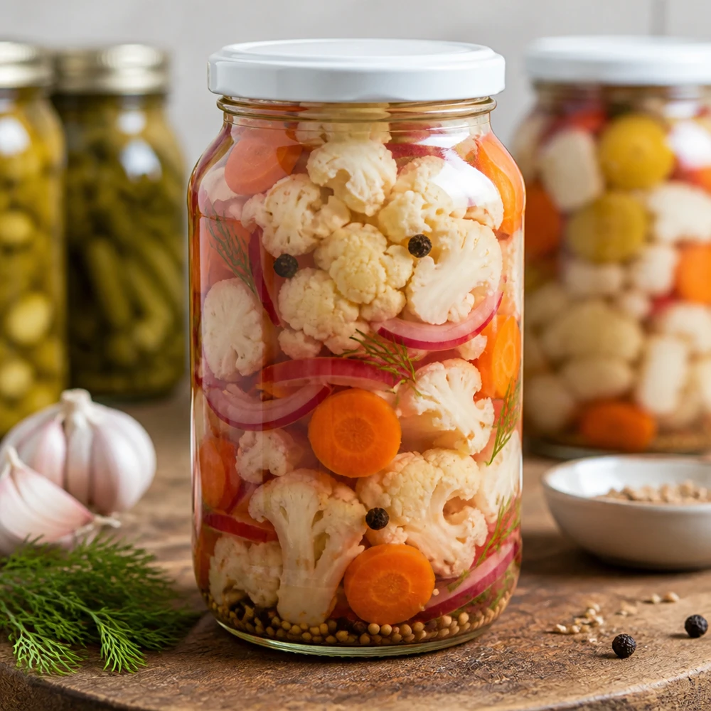 Tarro redondo de 1062 ml con tapa BasicSeal con verduras en escabeche Coliflor Zanahorias Pepinillos mixtos Tarro de conserva