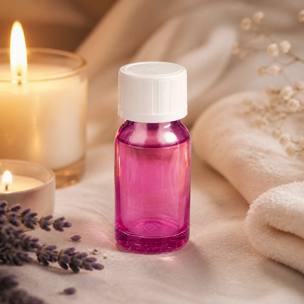 Frasco cuentagotas compacto de 10 ml de plástico transparente de color morado con tapón blanco
