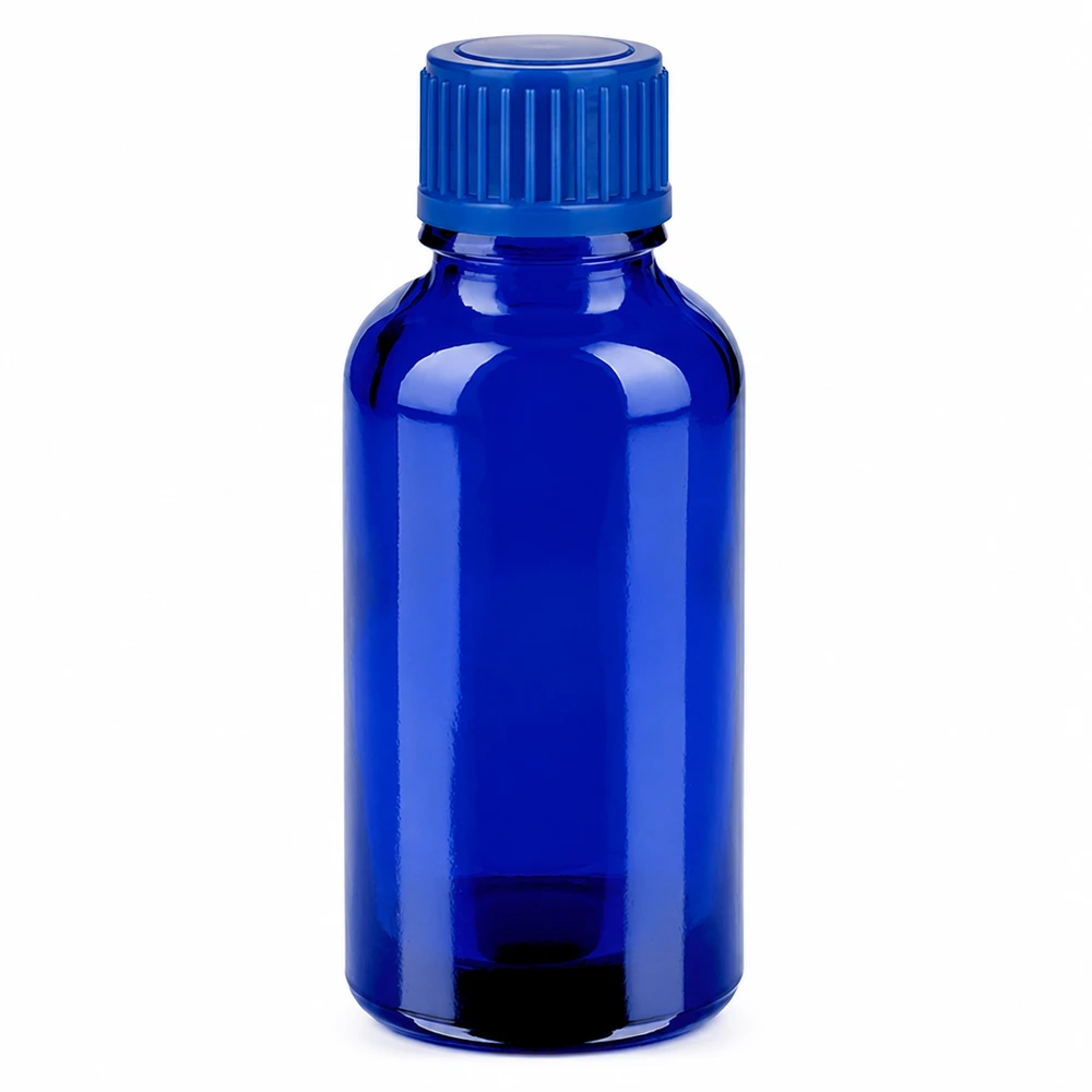 Frasco 30ml 11mm tapón rosca azul estándar BlueLine UT18/30 Frasco de vidrio azul de 30 ml con tapón de rosca para aceites esenciales y cosméticos
