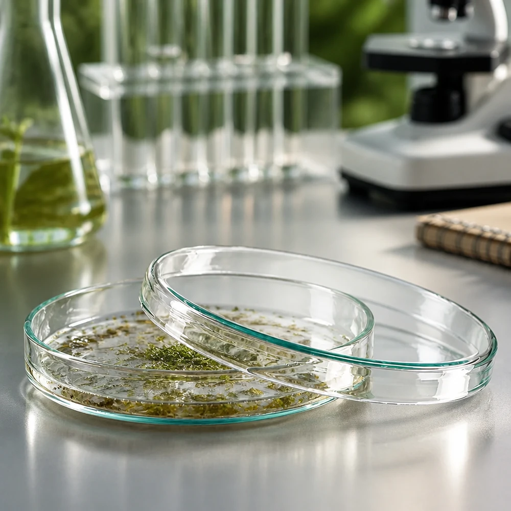 Placa de Petri de 100 x 15 mm de cristal con una muestra vegetal verde sobre una mesa de acero inoxidable junto a un microscopio