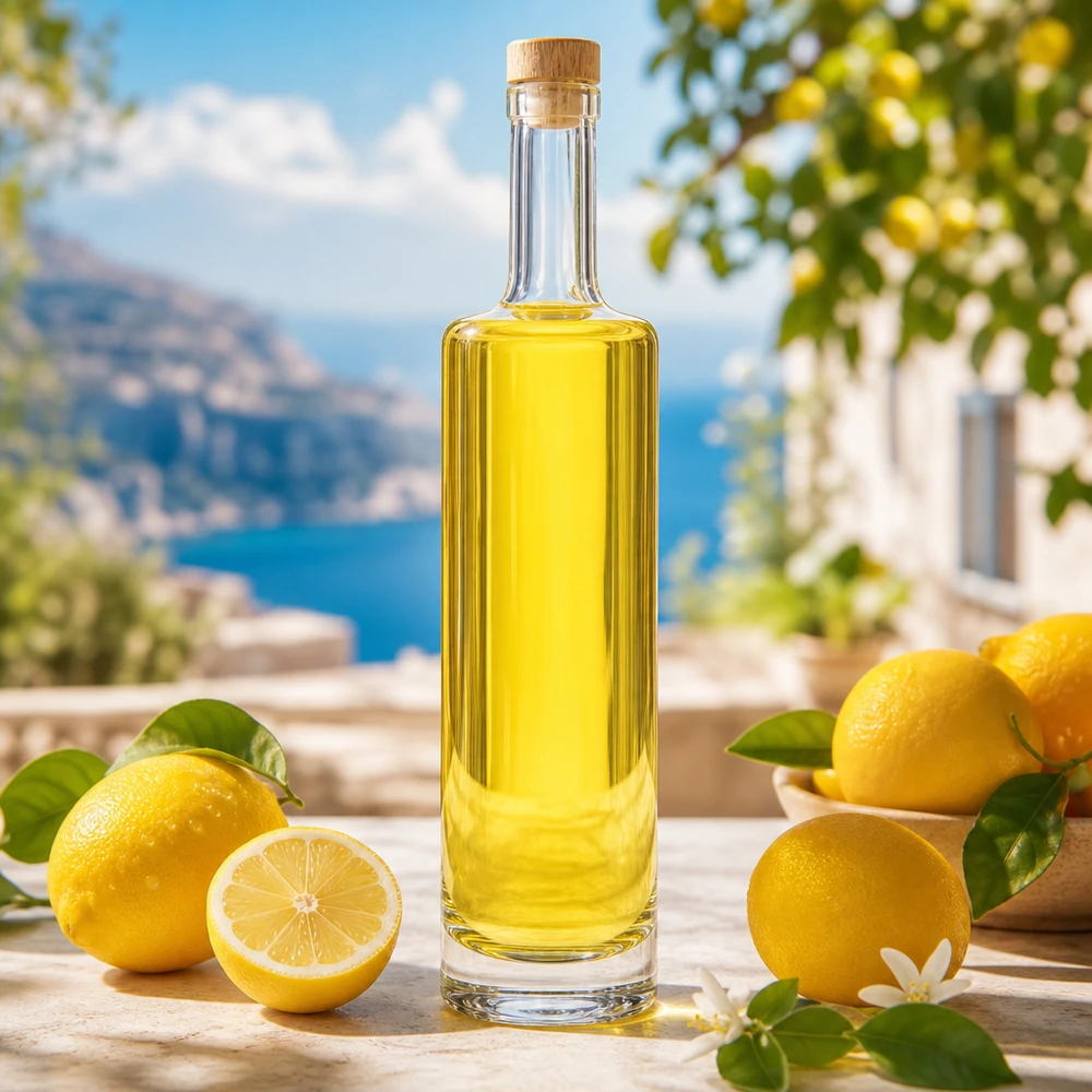 Botella de vidrio de 500 ml «Lina» con tapón de corcho con asa de madera UNiTWIST® Botella de cristal Lina de 500 ml con tapón de madera llena de limoncello amarillo entre limones frescos Paisaje mediterráneo