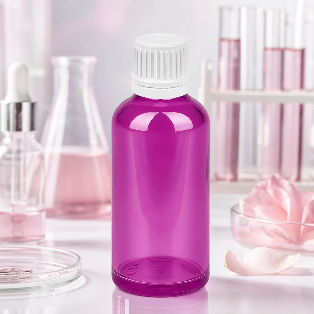 50ml botella 11mm tapón de rosca blanco Originalidad tapón de rosca PurpleLine UT18/50 Frasco compacto de vidrio violeta de 50 ml con tapón a prueba de niños para laboratorios y farmacias