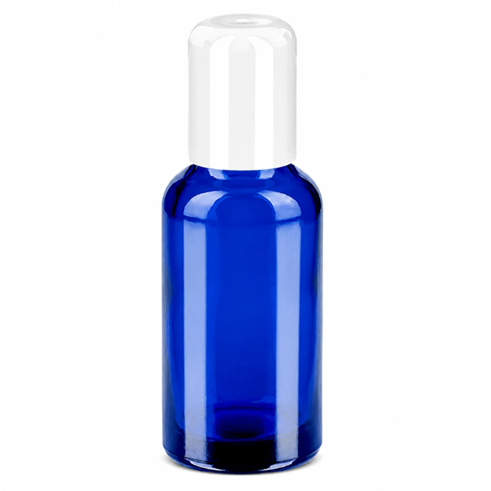 Frasco roll-on de 30 ml azul con tapón blanco para cosméticos y aceites esenciales