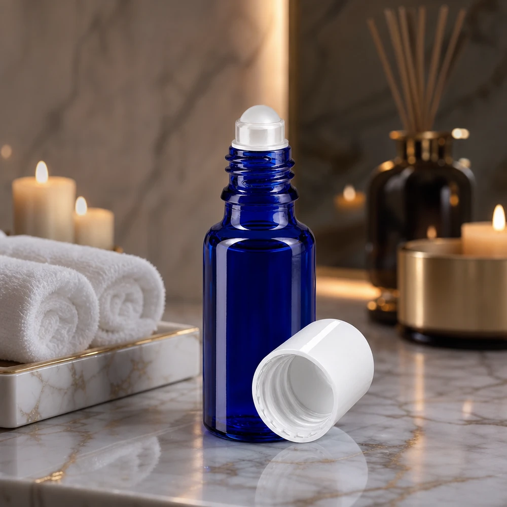 Frasco roll-on azul cobalto de 20 ml con tapón blanco sobre una superficie de mármol, junto a velas y toallas