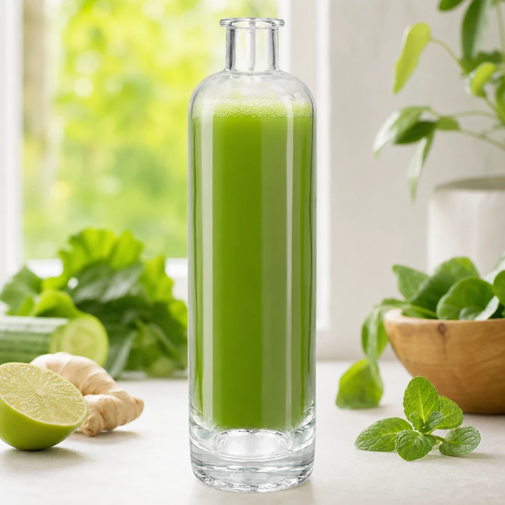 Botella de vidrio de 500 ml «Ella» sin tapón UNiTWIST® 500ml Glasflasche Ella UNiTWIST mit grünem Smoothie gefüllt zwischen frischen Kräutern Ingwer und Limette Wellness-Ambie