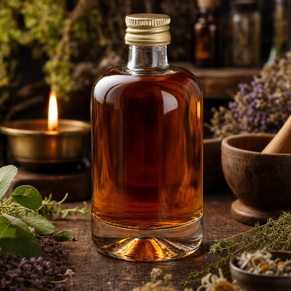 Botella de cristal Sara de 40 ml con tapón dorado llena de líquido marrón en un ambiente rústico de botica